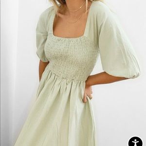Shirred Puff Sleeve Maxi Slit Dress